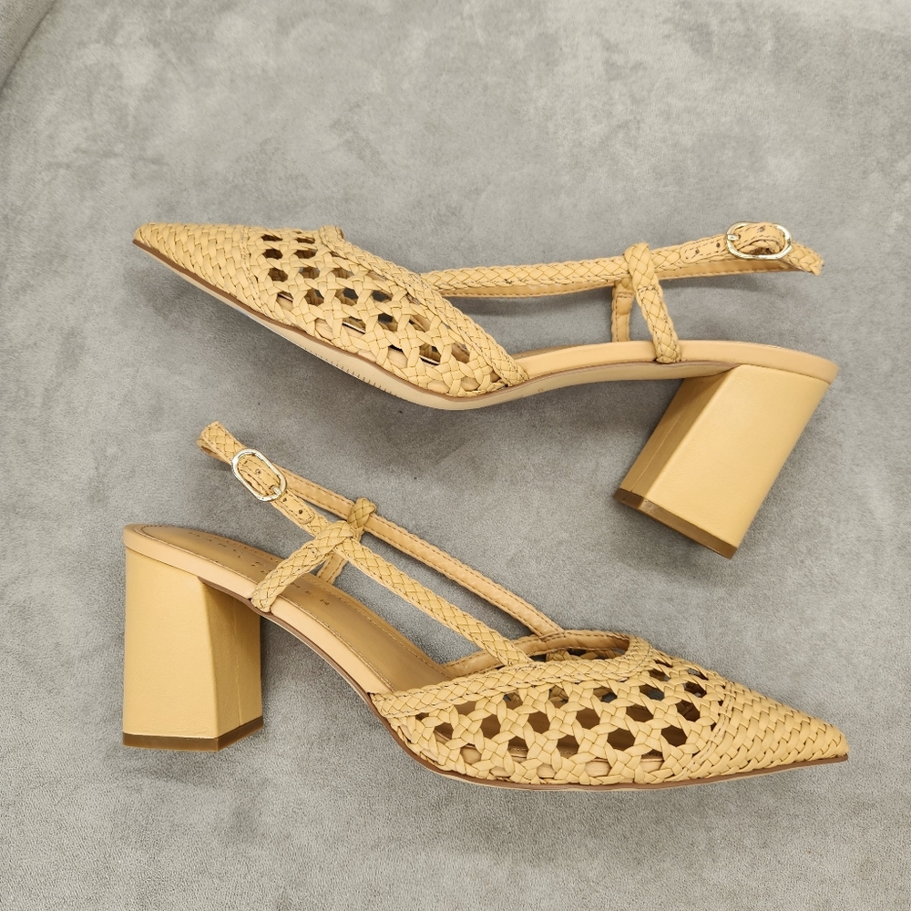 Marc Fisher Slingback Pumps 10 Tan Leather Zunnie Woven Crochet Pointy New $160